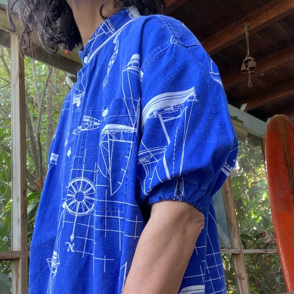 Reworked men’s Sun Country XL nautical blue and white print, short sleeve top. - Picture 7 of 10